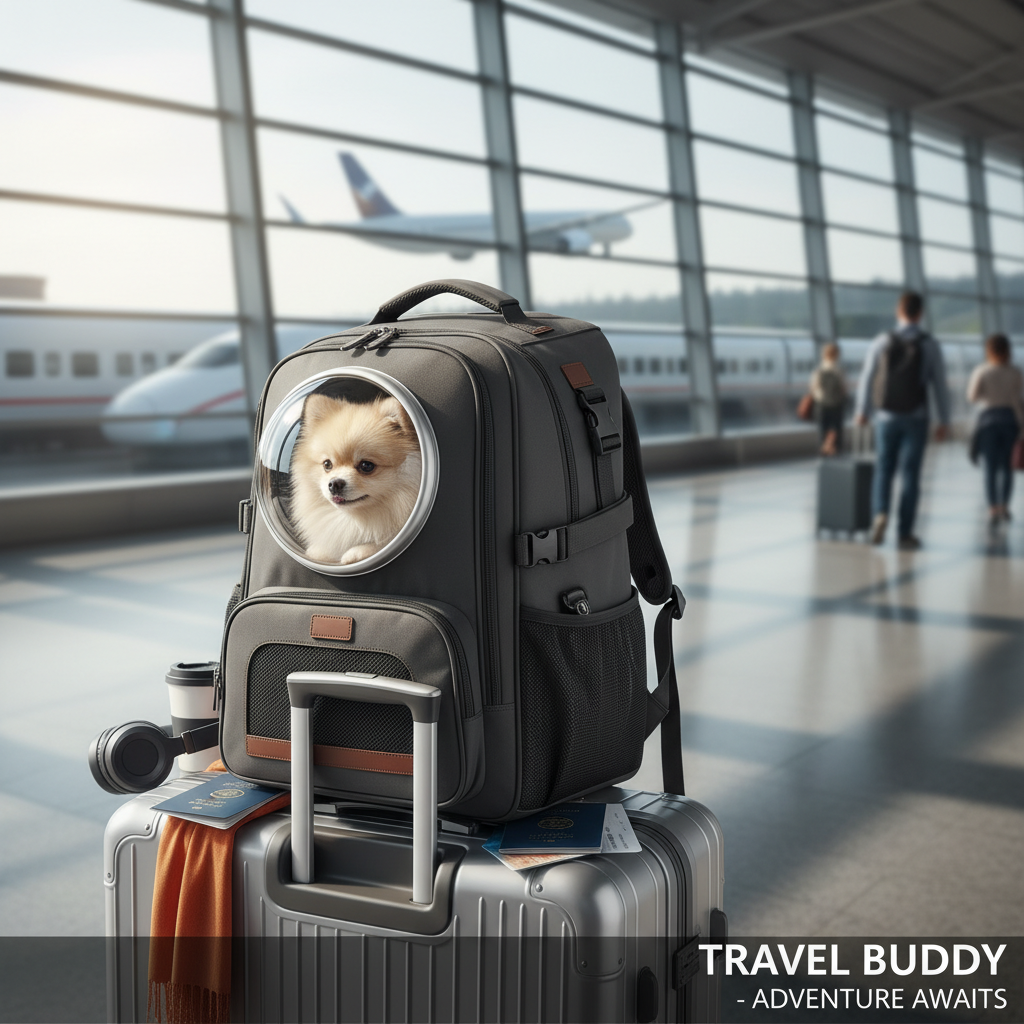 공항 대기실 혹은 기차역 배경으로 캐리어 위에 안정적으로 고정된 다기능성 반려동물 백팩. 여행의 설렘이 느껴지는 구도와 여행용품으로서의 실용성을 강조한 고화질 사진.